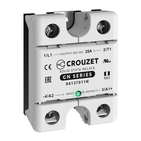 CROUZET SSR, 1 Phase, Panel Mount, 25A, IN 20-265 VAC, OUT 280 VAC, Zero Cross 84137011N